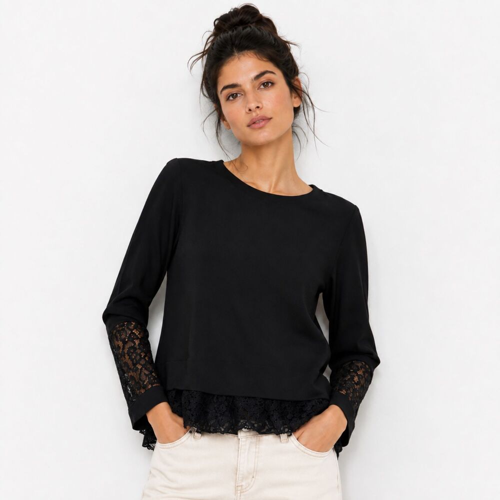 BCBGeneration Lace Hem Layered Blouse Office Career Chic Long Sleeve Black Top S